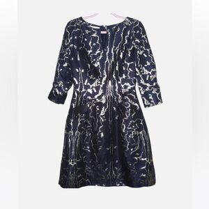 Oscar de la Renta Midnight Blue and metallic silver Sleeve Dress (Size 6)